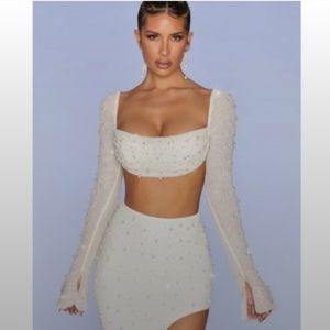 Oh Polly LA DÉSIRADE  Embellished Cowl Neck Crop Top in Ivory Size US 4 NWT